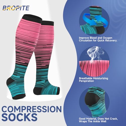 bropite Open Toe Compression Socks for Women，3 Pairs Toless Knee-High Socks - color: B-stripe Open, size: Large-X-Large