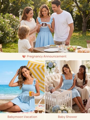 Summer Mae Smocked Maternity Swim Dress Ruffle A-Line with Pockets - color: Baby Blue, size: 14