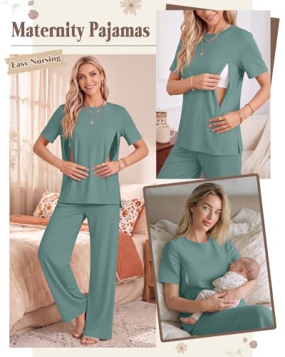 2Pc Postpartum Nursing Pajamas Set - color: Lake Green, size: X-Large