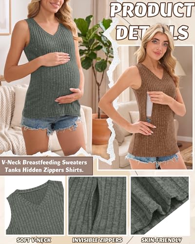 3 Pack Women's Nursing Tank Tops - color: Black, Coffee, Army Green, size: Large