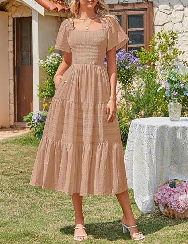 MEROKEETY Womens Summer Midi Dress Short Sleeve Square Neck Boho Long Dress - color: Khaki, size: Small