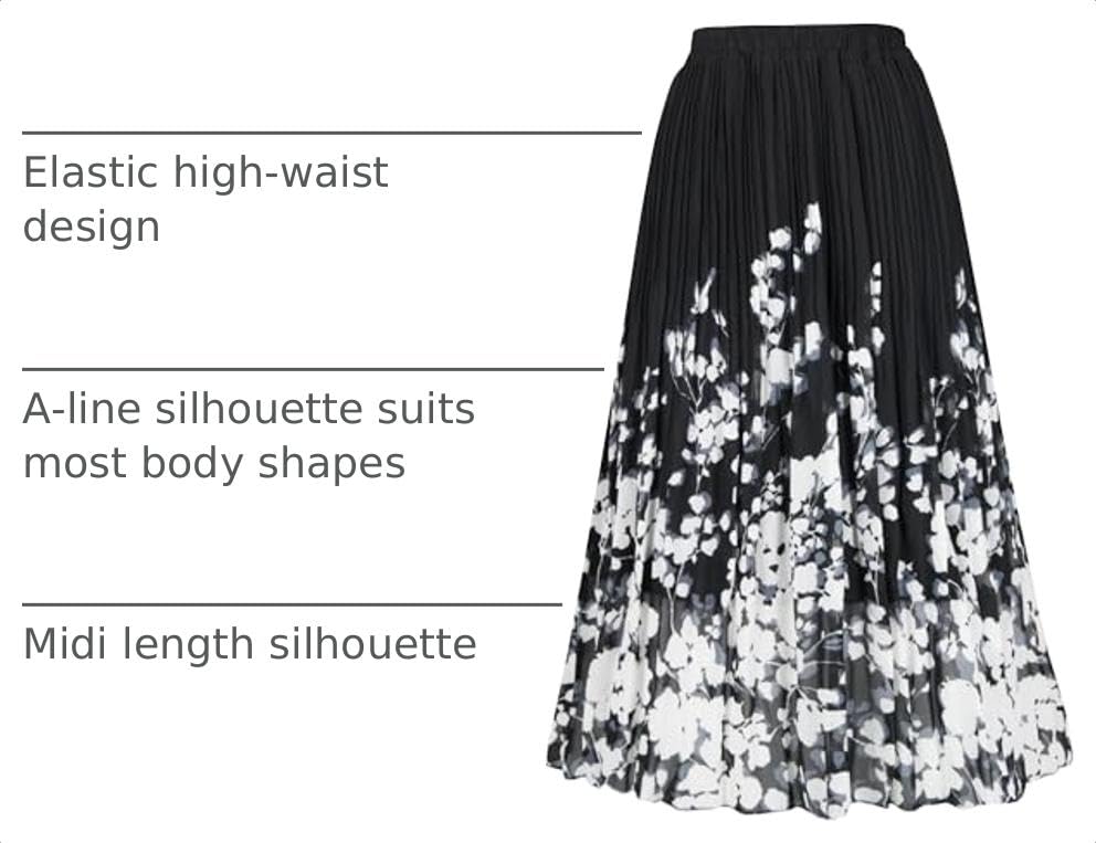 OBBUE Women's Chiffon Pleated Skirt A-line Skirts - color: Black White Flower, size: XX-Large