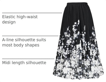 OBBUE Women's Chiffon Pleated Skirt A-line Skirts - color: Black White Flower, size: XX-Large