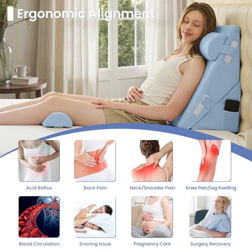 Sasttie Adjustable Wedge Pillow Set for After Surgery, Blue - color: Blue, size: Adjustable 9&12 Inch + 2 Head Pillows