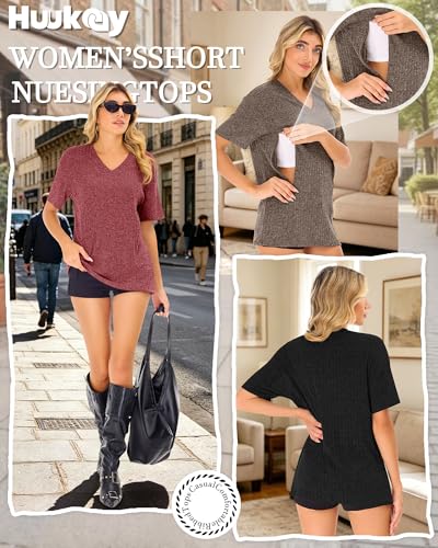 Huukeay 3 Pack Women's V Neck Nursing T-Shirts - color: Red, Light Coffee, Black, size: Medium