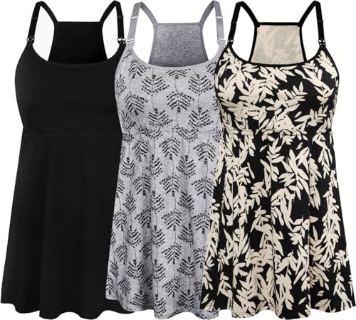 SUIEK 3-Pack Cotton Maternity Nursing Tank Tops Breastfeeding Cami Shirts - color: A-black+grey Print+leaf - Fourth Style, size: Medium