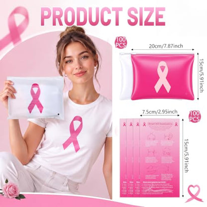 100 Sets Pink Ribbon Breast Awareness Makeup Bags 7.87x6in