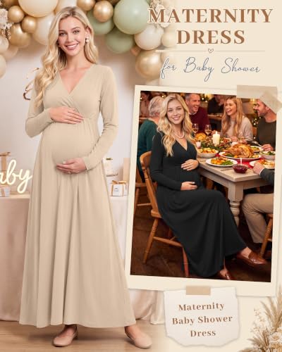 Neer 2 Pcs Maternity Maxi Dresses Long Sleeve Fall Nursing Dress - color: Cream, Black, size: Large
