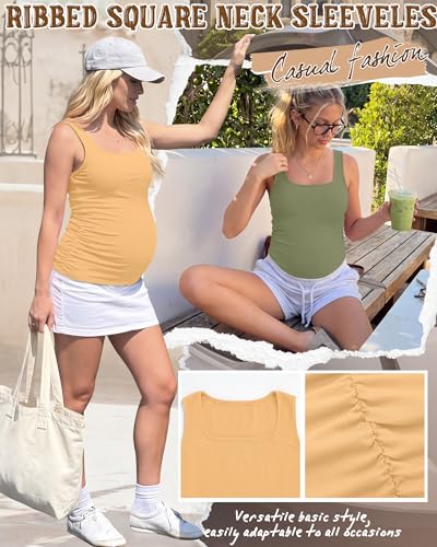 4 Pack Maternity Ribbed Tank Tops - color: Ginger Yellow, Sage Green, Apricot, Black, size: Medium