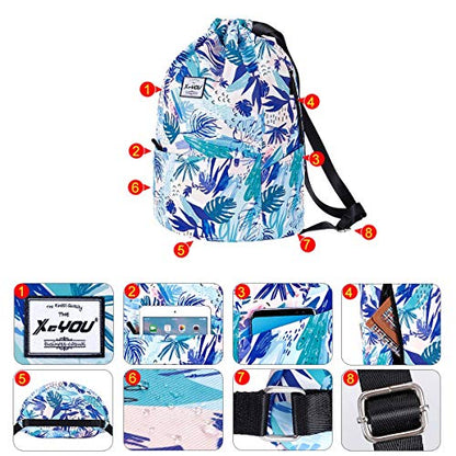XEYOU Drawstring Backpack Bag Sport Gym Sackpack Beach Cinch Bag - color: Blue Leaves