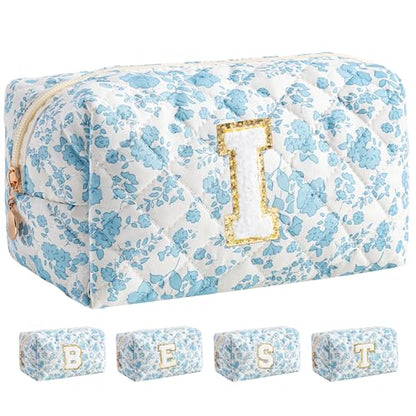HBselect Personalized Makeup Bag for Women Initial Quilted Toiletry Bag - color: Blue Flower, size: I