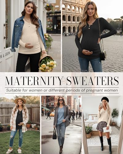 Oakgarden 3 Pack Women's Ribbed Henley Maternity Sweaters - color: Black, Apricot, Blue, size: Large