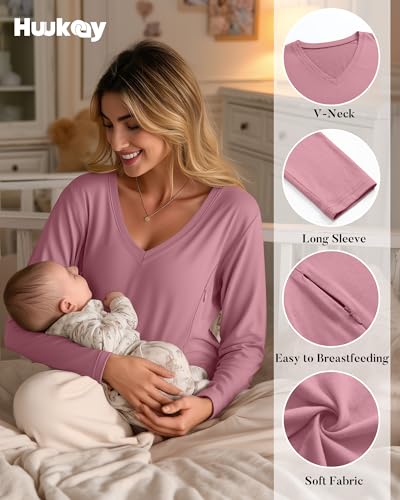Huukeay 3 Pack Maternity Nursing Tops Breastfeeding Shirts - color: Black, Light Green, Pink, size: Medium