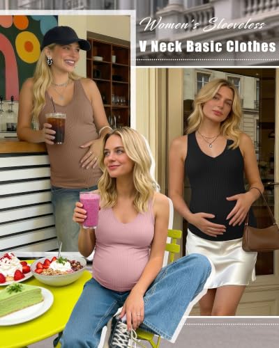 3 Pack Maternity Tank Tops Ribbed V Neck - color: Gray Green, Light Coffee, Black, size: Medium