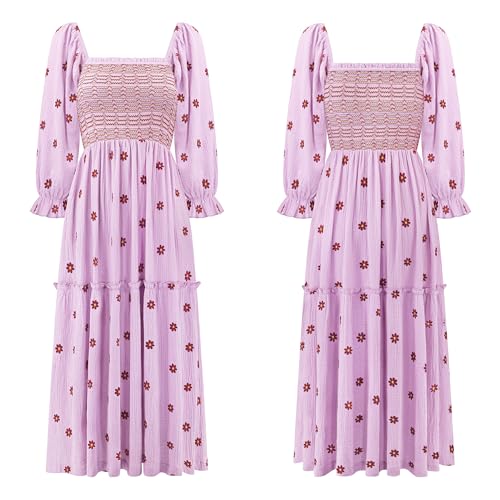 R.Vivimos Women's Cotton Floral Embroidered Boho Midi Dress with Pockets - color: Lightpurple, size: Medium