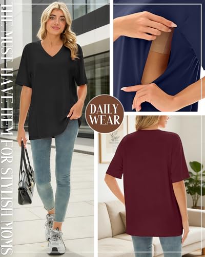4 Pack Women's Oversize Nursing Tops - color: Navy Blue, Wine Red, Light Gray, Black, size: XX-Large
