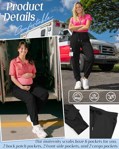 Xaatren Women's Maternity Scrub Joggers Pants with 6 Pockets - color: Black, size: Large