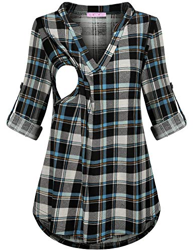 Joymom Maternity Rolled Long Sleeve Nursing Tops Tunic Blouses Breastfeeding - color: 1-2 Blue Black Plaid, size: Medium