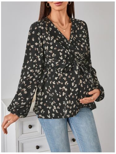 MakeMeChic Women's Maternity Blouse V Neck Long Sleeve Ruffle Peplum Top - color: Black Cheetah, size: Medium