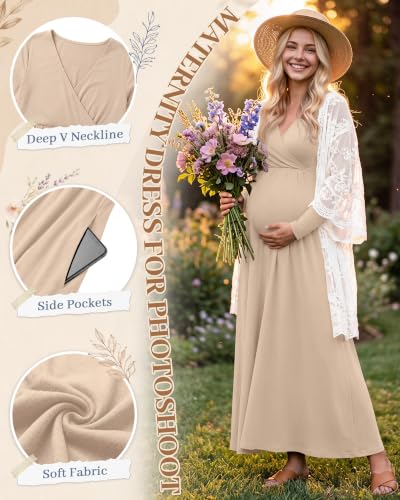 Neer 2 Pcs Maternity Maxi Dresses Long Sleeve Fall Nursing Dress - color: Cream, Black, size: Large