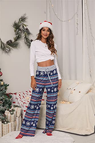 iChunhua Women's Comfy Stretch Floral Print Drawstring Palazzo Wide Leg Lounge Pant - color: Blue Snowflake, size: Small