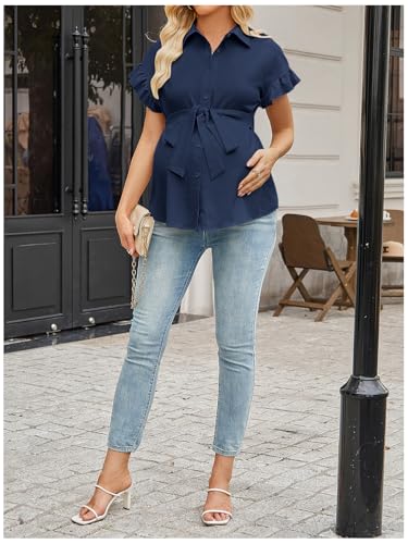 MakeMeChic Women's Maternity Nursing Work Blouse Pregnancy Ruffle Tops - color: Royal Blue, size: X-Small