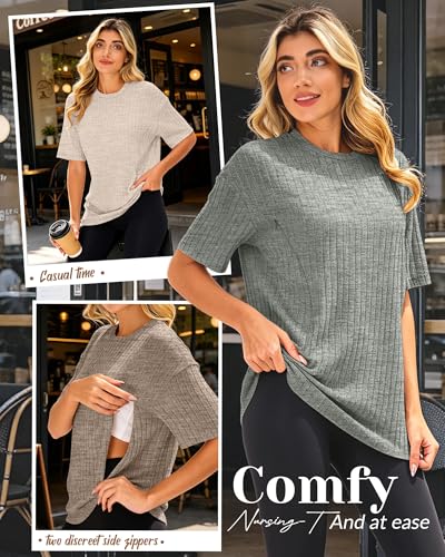 Huukeay 4 Pack Women's Nursing Shirts - color: Khaki, Cream, Light Gray, Black, size: Medium