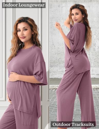 Maternity Lounge Set, 2 Piece Matching Set with Wide Leg Pants - color: Purple, size: Large