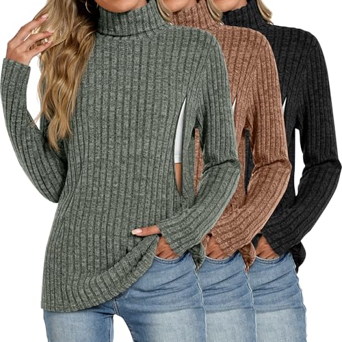 3 Pack Womens Turtleneck Nursing Tops Ribbed Sweaters - color: Army Green, Coffee, Black, size: Large