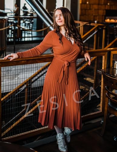 ZESICA Women's Long Sleeve Wrap Sweater Midi Dress with Belt - color: Maple, size: Medium