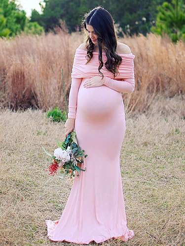 Glampunch Off Shoulder Maternity Dress for Photoshoot,Ruched Maternity Gown - color: Pink, size: Medium