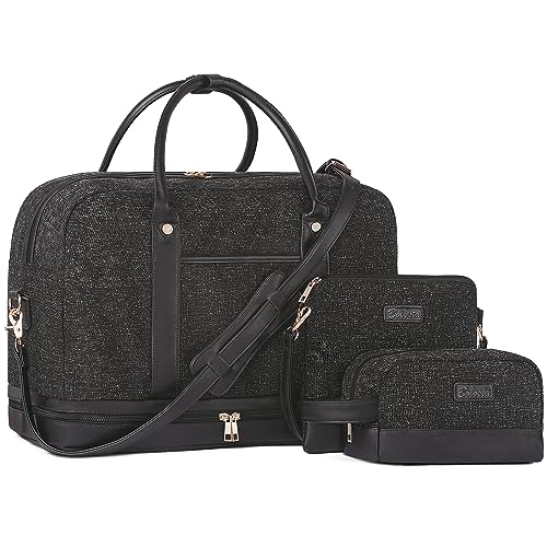Weekender Bag for Women Canvas Overnight Bag Large Travel Tote Bag Carry on Shoulder Duffle Bag With Shoe Compartment,Perfect for Travel/Daily Use/Birthday Gift … - color: Black-1pcs