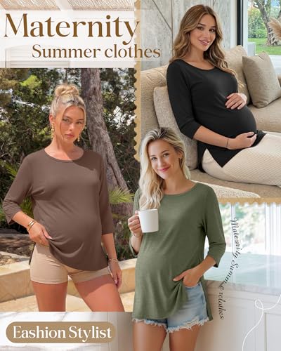 3 Pack Women's 3/4 Sleeve Maternity Loose Crewneck Tops - color: Gray Green, Coffee, Black, size: X-Large