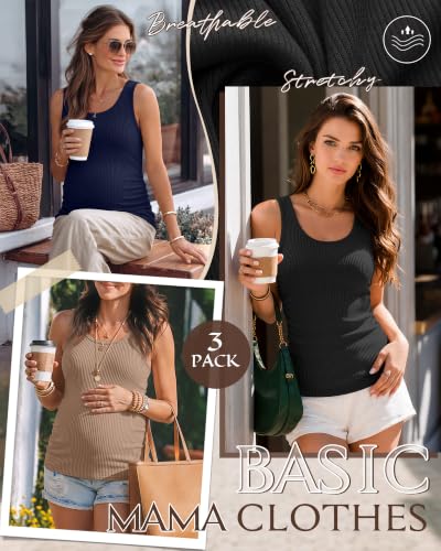 Riyiper 3 Pack Women's Maternity Tank Tops - color: Black, Light Brown, Navy Blue, size: XX-Large