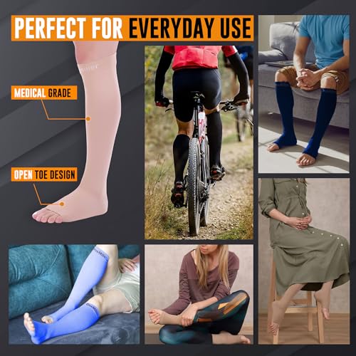 Doc Miller Open Toe Compression Socks 30-40 mmHg for Women & Men, 1 Pair - color: Beige, size: Medium Tall