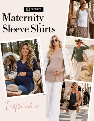 Ekouaer Womens 3 Pack Maternity Shirts Long Sleeve Pregnancy V Neck Clothes - color: Black/Dark Red/Khaki, size: Large