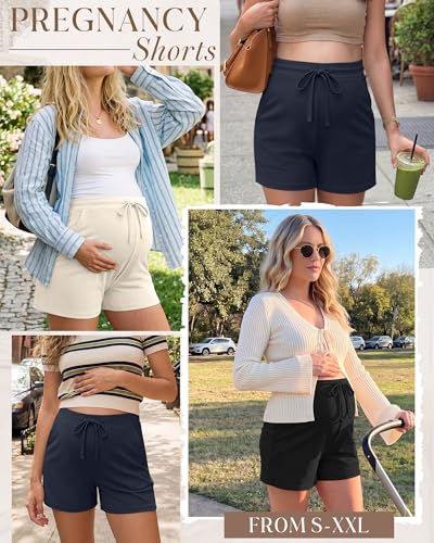 3 Pack Women Maternity Shorts - color: Cream, Navy Blue, Black, size: Large
