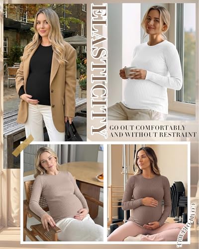 4 Pack Womens Ribbed Maternity Shirts Slim Fit Tops - color: Latte, Coffee, White, Black, size: Large