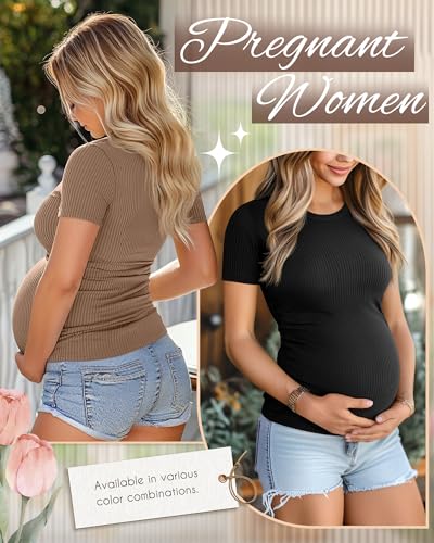 Ficerd 3 Pack Women's Short Sleeve Maternity Shirts - color: Black, Light Heather Gray, Light Coffee, size: Small
