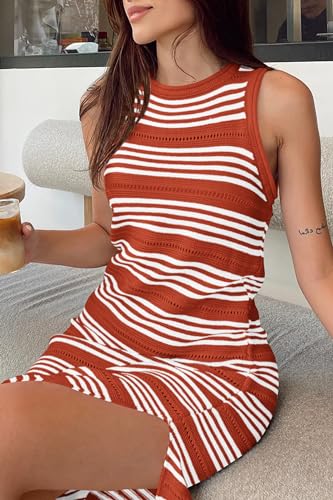 PRETTYGARDEN Women's Summer Sleeveless Striped Midi Dresses - color: Rust Red, size: Small