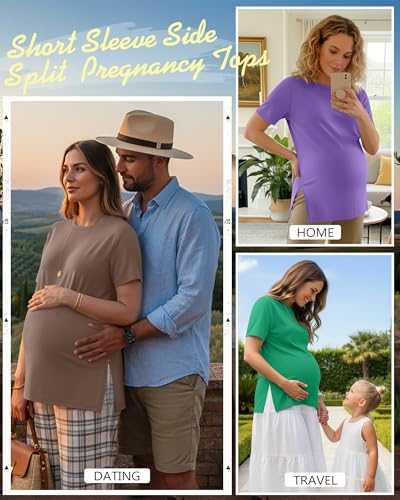 Ficerd 3 Pack Women's Maternity T Shirts - color: Green, Coffee, Purple, size: X-Large