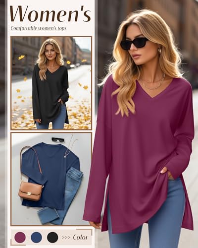 Huukeay 3 Pack Women's Oversized Long Sleeve V Neck Shirts - color: Black, Navy Blue, Fuchsia, size: Medium