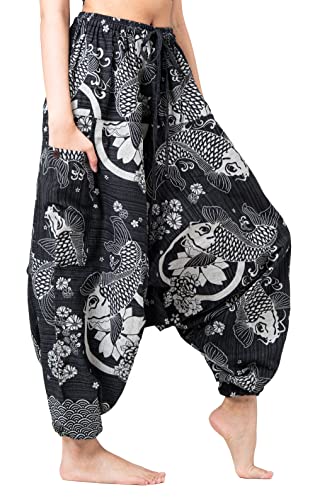 B BANGKOK PANTS Harem Pants Women Boho Cotton - color: Black Fish, size: One Size
