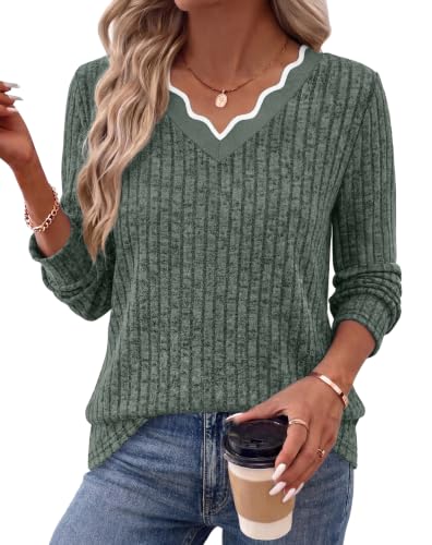 WIHOLL Long Sleeve Womens Shirts Lightweight Fall Tunic Top V Neck Sweaters - color: 02-green, size: XX-Large