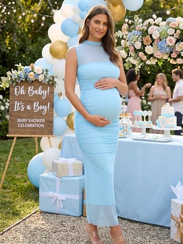 Ecavus Women's Side Ruched Bodycon Maternity Dress for Baby Shower - color: Blue, size: Medium