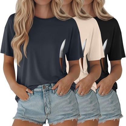 Riyiper 3 Pack Women's Nursing Short Sleeve Shirts - color: Dark Blue, Beige, Black, size: Small