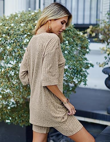 Ekouaer Women 2 Piece Lounge Sets Ribbed Knit Oversized Shirt Biker Shorts - color: Camel, size: Small