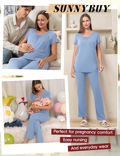 SUNNYBUY Womens Maternity Nursing Pajamas Set 3 Piece Breastfeeding PJS - color: Blue Gray, size: X-Large