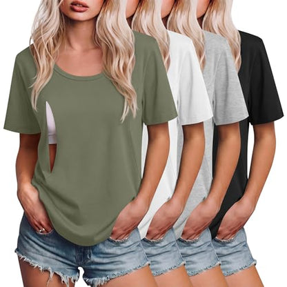 Ficerd 4 Pack Women's Maternity Nursing Shirts - color: Army Green, White, Light Gray, Black, size: Large