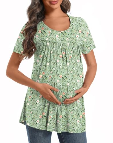 Maternity Tops for Women Summer Pleated Shirt - color: Green Flower, size: Large